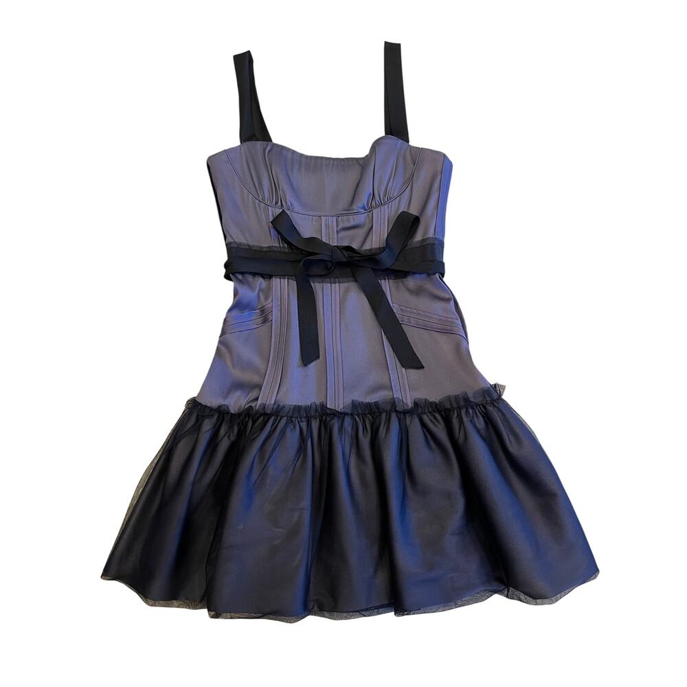 BCBG Max Azria Gray Black Fit & Flare Cocktail Dress Ribbon Bow Silk Trim